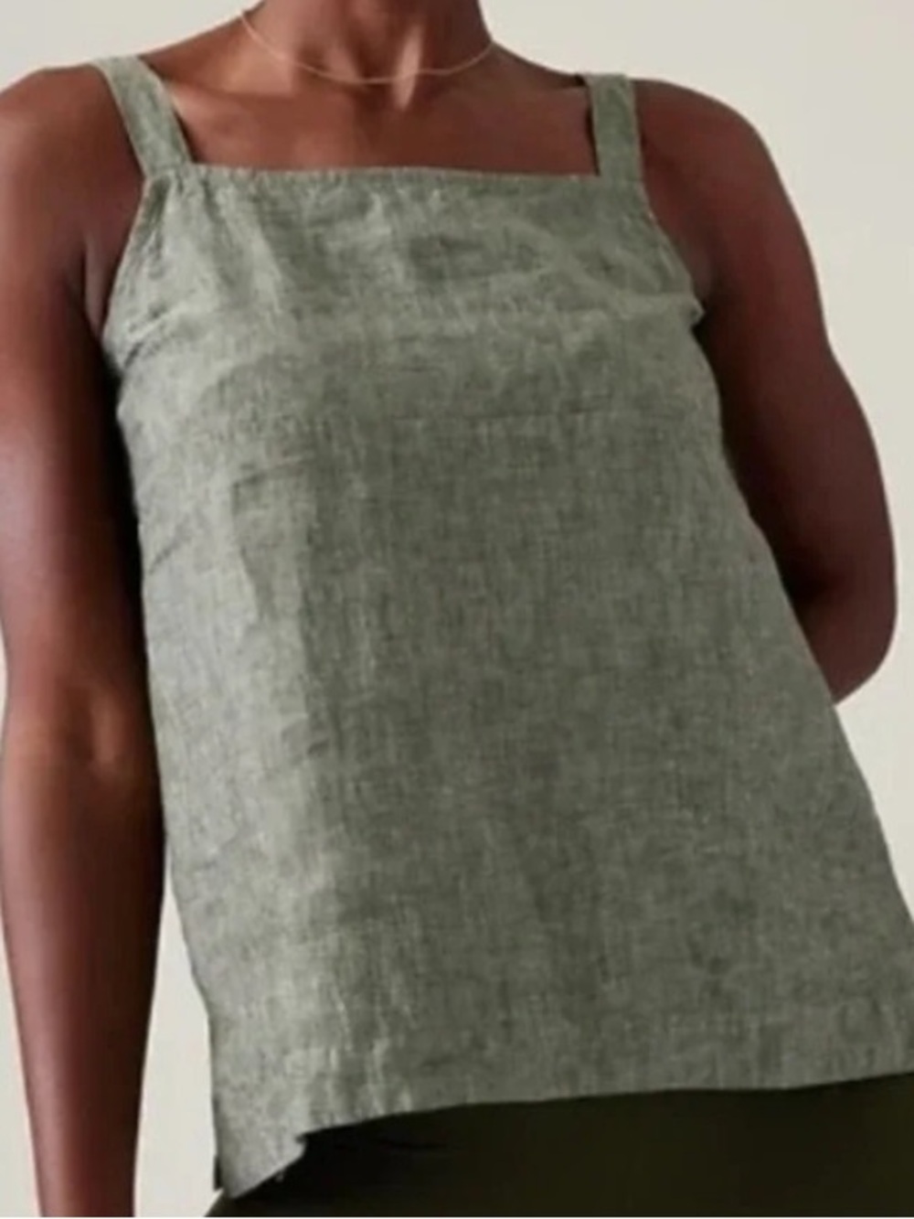Athleta Voyager Olive Green  Square-Neck Linen Tank Adj. Straps Size L Gorpcore - Picture 2 of 9